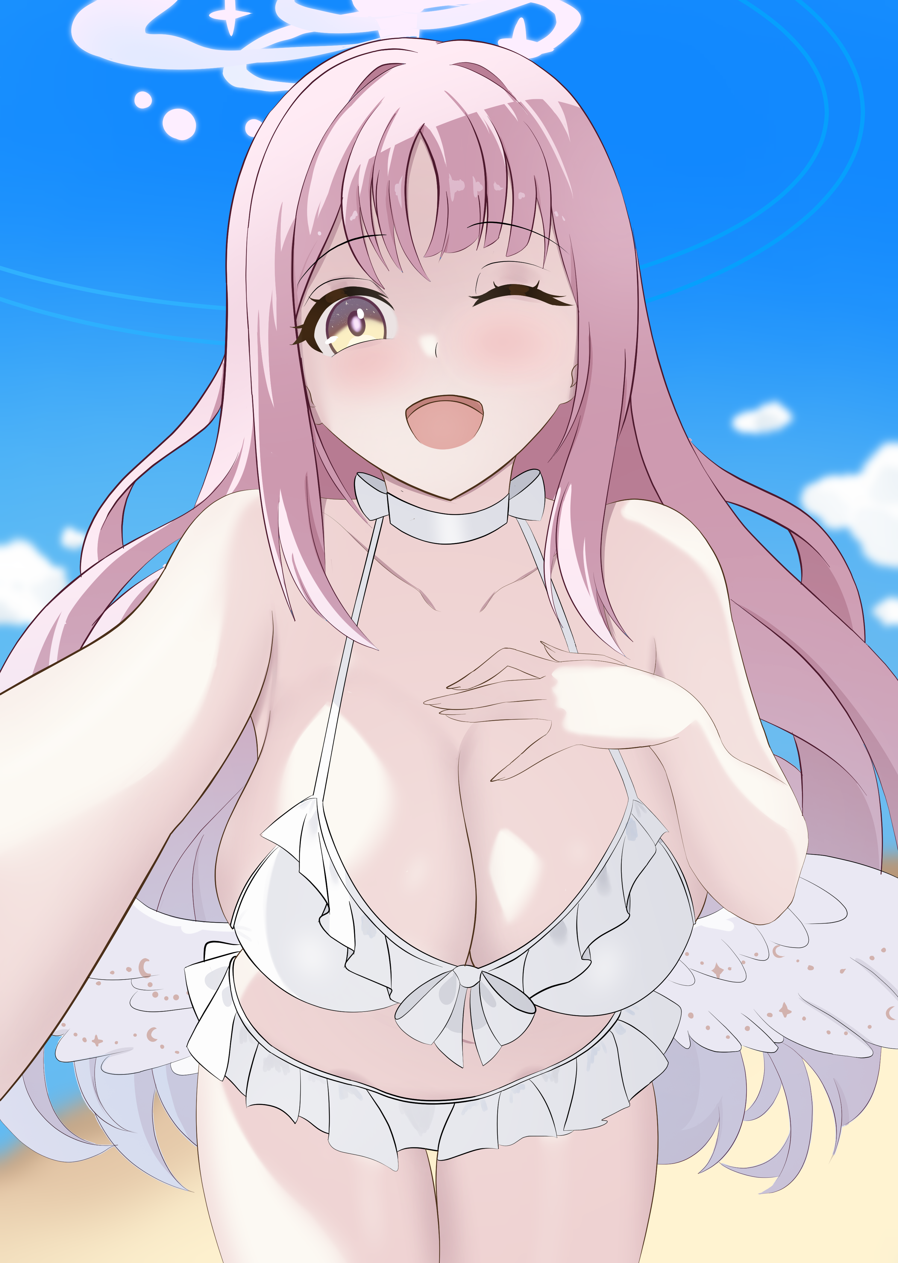cawl, mika (blue archive), mika (swimsuit) (blue archive), blue archive, absurdres, highres, 1girl, bare arms, bare shoulders, bikini, blush, breasts, choker, cleavage, halo, hand on own chest, huge breasts, long hair, looking at viewer, navel, official alternate costume, one eye closed, open mouth, pink hair, pink halo, solo, stomach, swimsuit, white bikini, white choker, white wings, wings, yellow eyes
