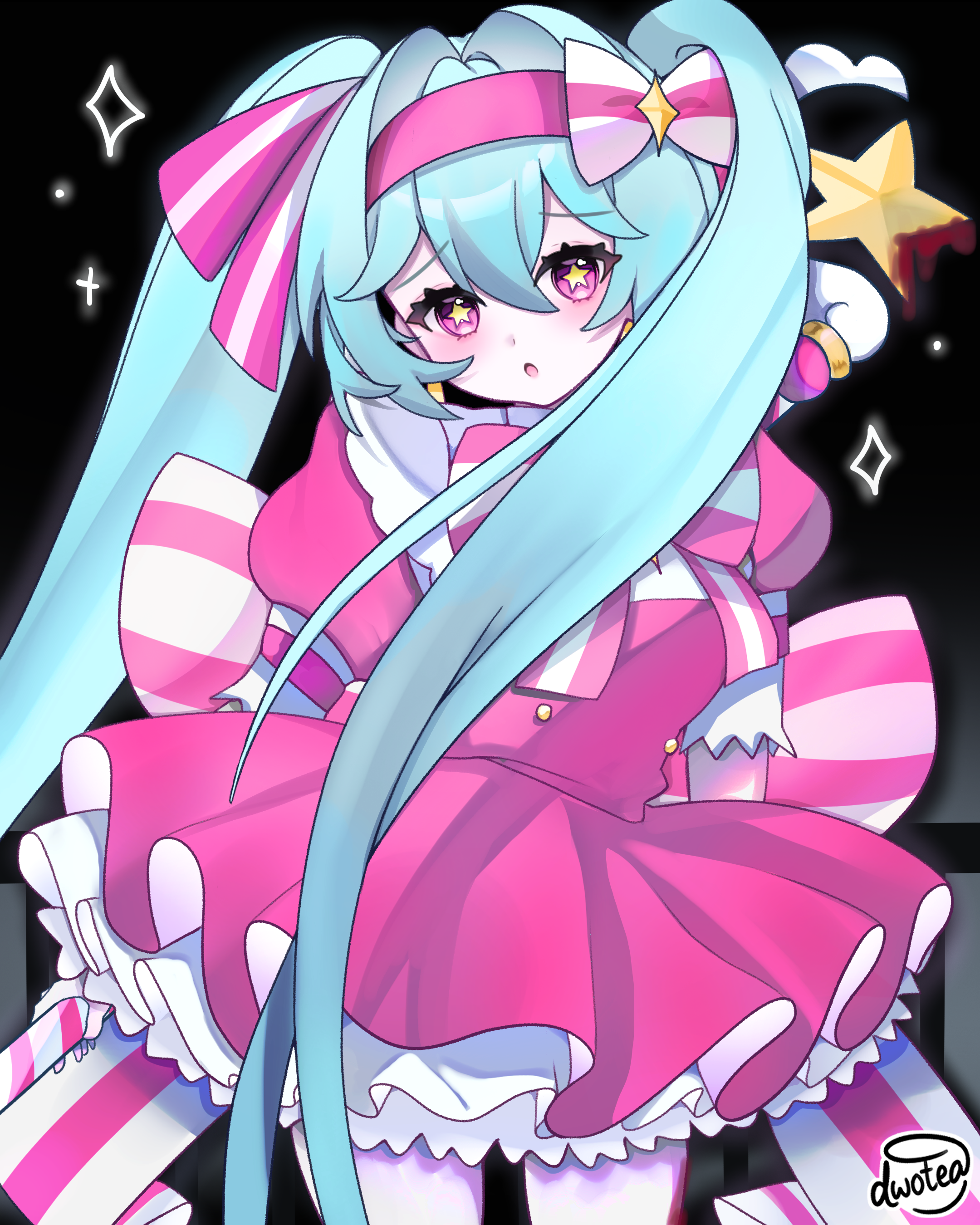 dwotea, hatsune miku, vocaloid, absurdres, highres, 1girl, bow, bowtie, dress, gloves, hairband, holding, holding wand, ima sugu rinne (vocaloid), long hair, mage staff, magical girl, pink bow, pink bowtie, pink dress, pink hairband, short sleeves, solo, star-shaped pupils, star (symbol), star wand, symbol-shaped pupils, twintails, wand, white gloves
