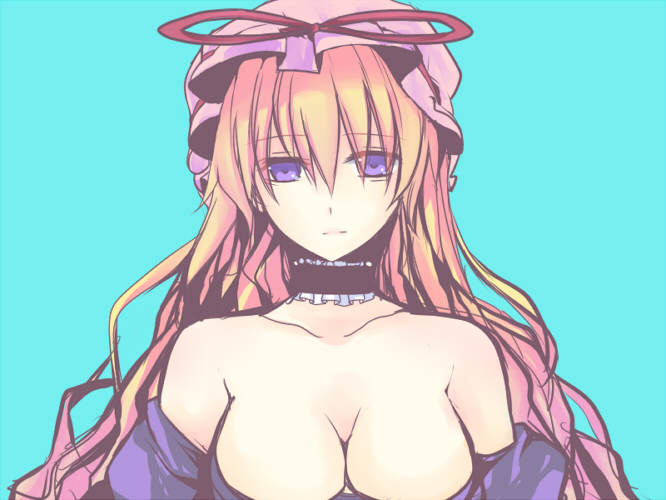 harano, yakumo yukari, touhou, black neckwear, 1girl, black choker, blonde hair, breasts, choker, cleavage, female focus, frilled choker, frills, hat, large breasts, long hair, purple eyes, simple background, solo, upper body