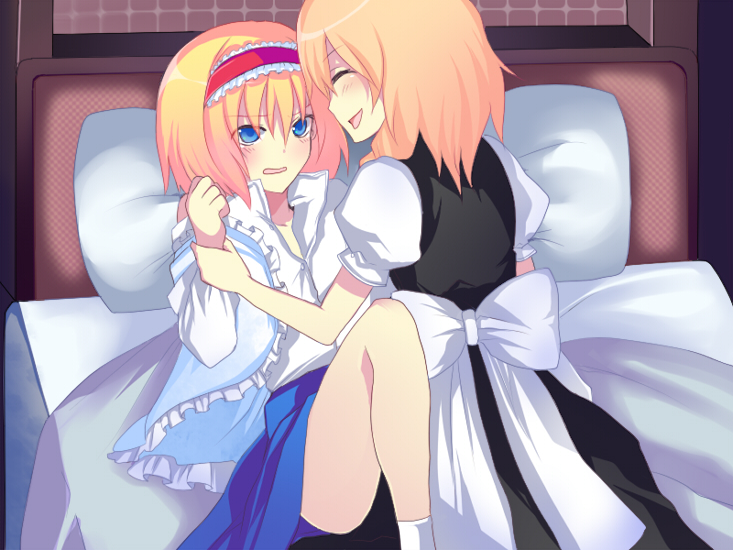 harano, alice margatroid, kirisame marisa, touhou, 2girls, bed, blonde hair, blue eyes, blush, closed eyes, female focus, forced, frown, girl on top, hairband, holding another's wrist, lying, multiple girls, nervous, no headwear, on back, open mouth, pillow, short hair, shy, smile, socks, tears, undressing, you gonna get raped, yuri