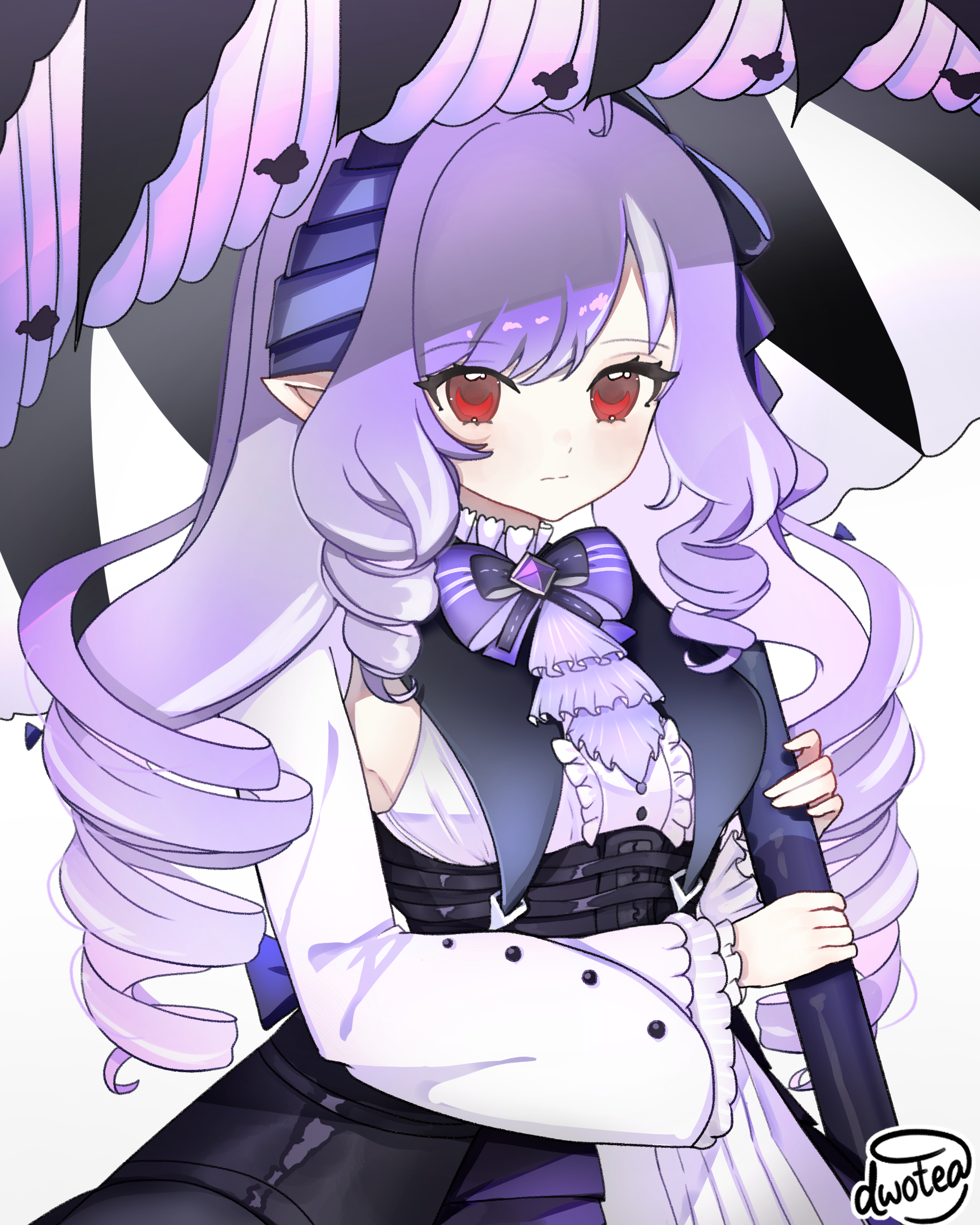 dwotea, vivian banshee, zenless zone zero, absurdres, highres, 1girl, ahoge, black nails, blush, bow, breasts, frills, holding, large breasts, long hair, long sleeves, looking at viewer, mole, mole under eye, multicolored hair, pantyhose, pointy ears, purple hair, red eyes, shirt, solo, streaked hair