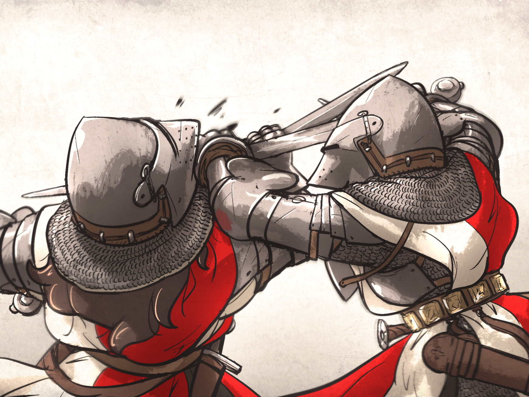 ironlily, ordo mediare sisters (ironlily), commentary, highres, revision, 2girls, armor, aventail, bascinet, belt, breastplate, brown hair, chainmail, couter, dagger, facing away, fighting, gauntlets, grey armor, half-swording, helmet, holding, holding blade, holding sword, holding weapon, hounskull, knife, layered armor, long hair, medieval, multiple girls, pauldrons, rerebrace, rondel, scabbard, sheath, shoulder armor, simple background, struggling, surcoat, sword, vambraces, visor (armor), weapon, white background