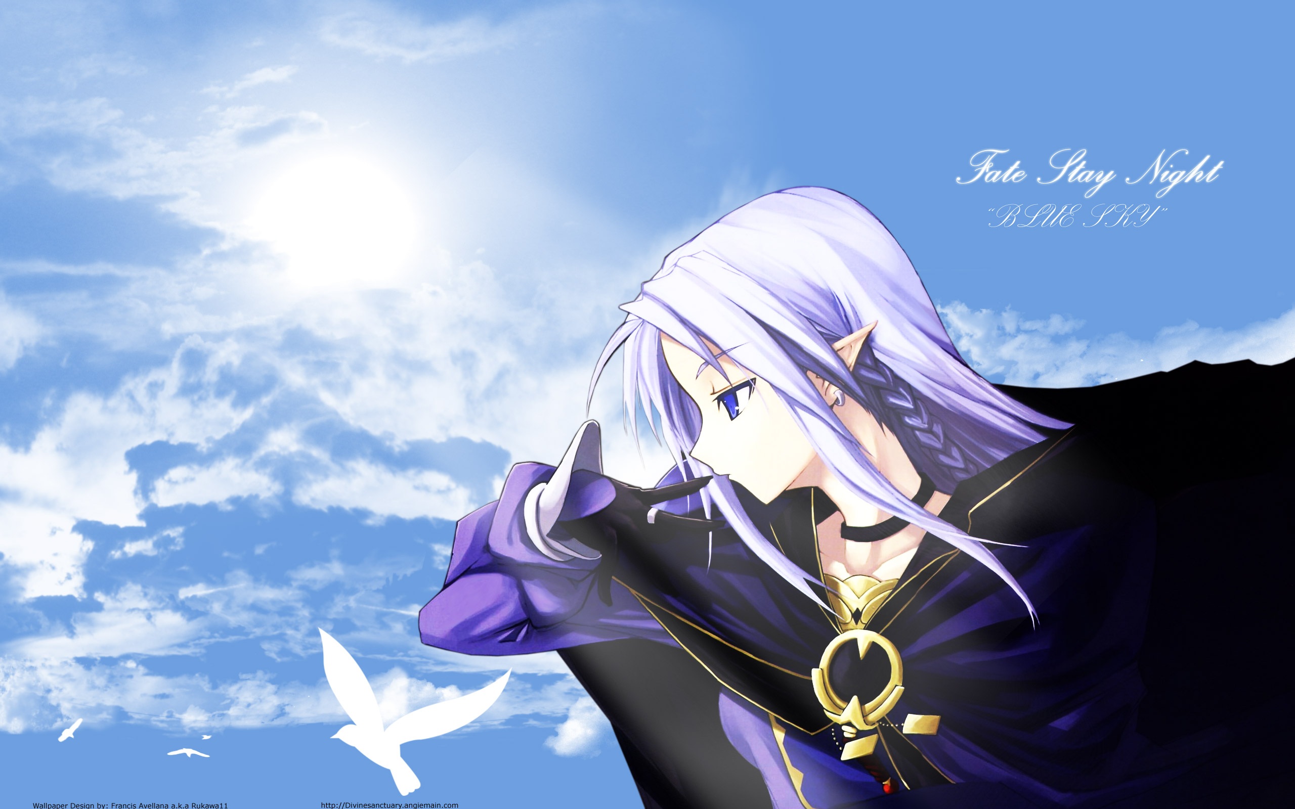 shingo (missing link), medea (caster) (fate), medea (fate), fate/stay night, fate (series), highres, 00s, 1girl, bird, blue eyes, blue hair, braid, cape, choker, day, earrings, female focus, jewelry, matching hair/eyes, pointy ears, profile, purple hair, ring, sky, solo