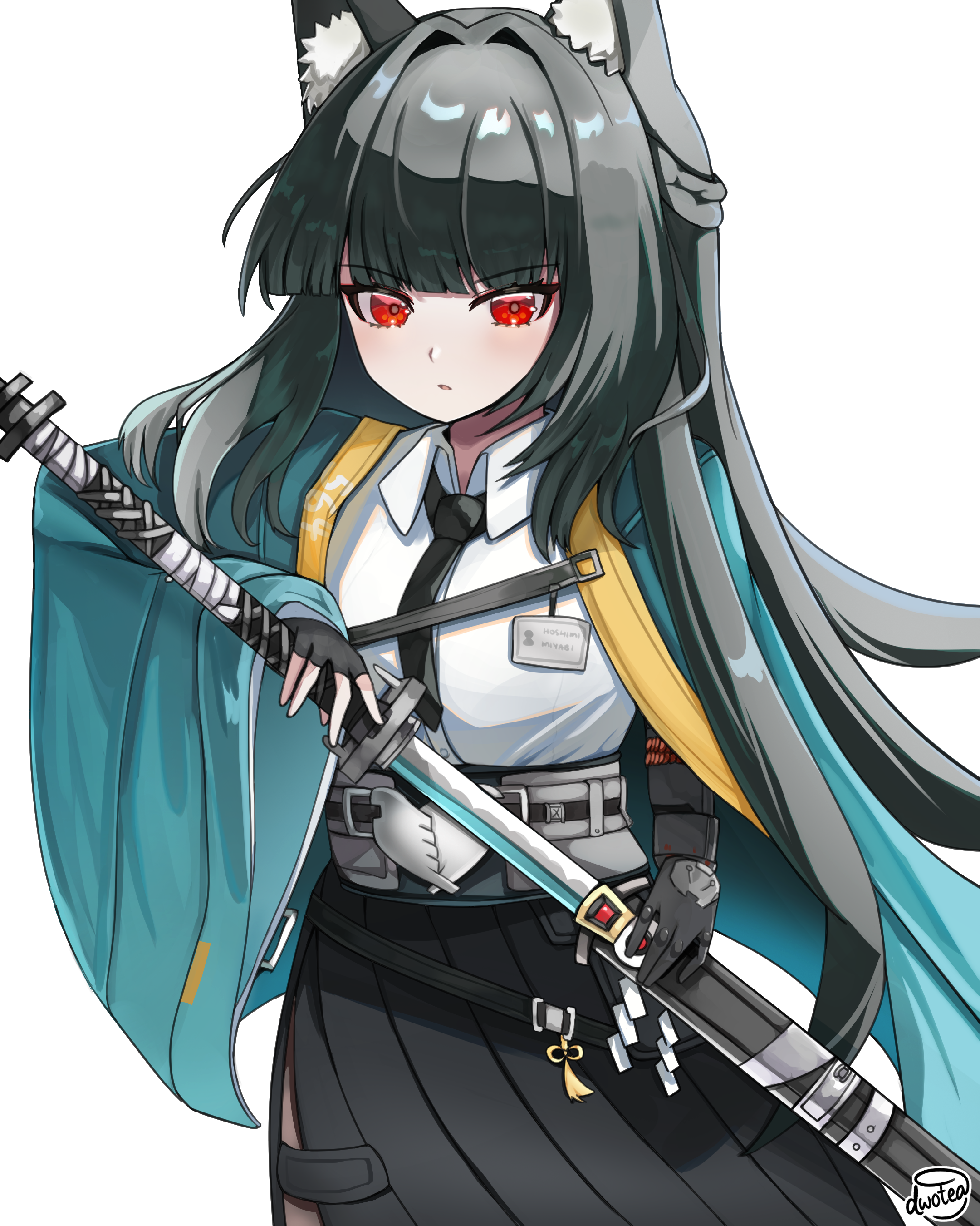 dwotea, hoshimi miyabi, zenless zone zero, absurdres, highres, 1girl, animal ear fluff, animal ears, aqua jacket, black hair, blunt bangs, breasts, fox ears, fox girl, gloves, jacket, long hair, necktie, pantyhose, red eyes, shirt, sidelocks, skirt, white shirt