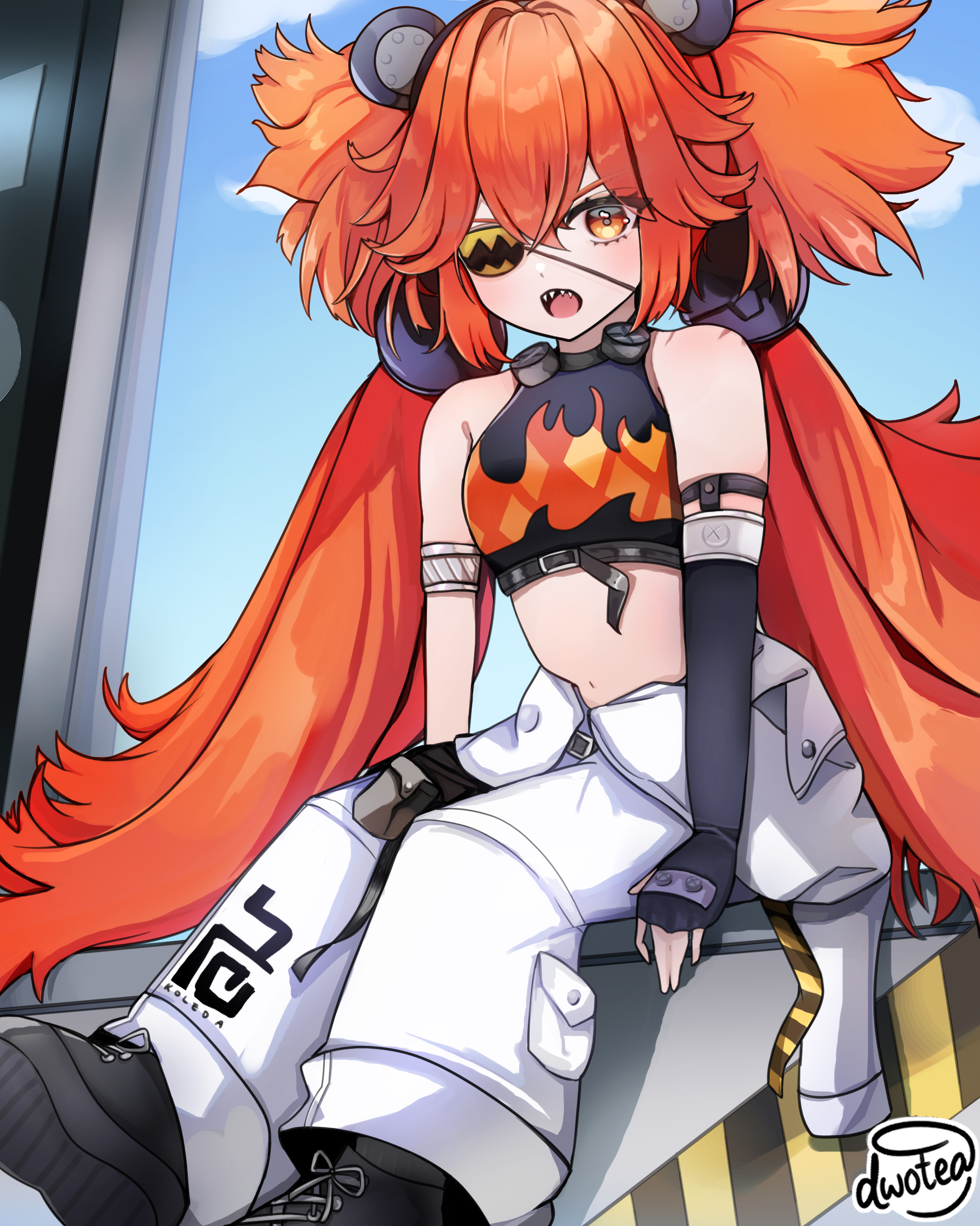 dwotea, koleda belobog, zenless zone zero, absurdres, highres, 1girl, animal ear hairband, animal ears, bear ear hairband, bear ears, black gloves, breasts, crop top, eyepatch, fake animal ears, fingerless gloves, flame print, gloves, hair between eyes, hair ornament, hairband, jumpsuit, jumpsuit around waist, long hair, looking at viewer, navel, red eyes, red hair, sphere hair ornament, twintails