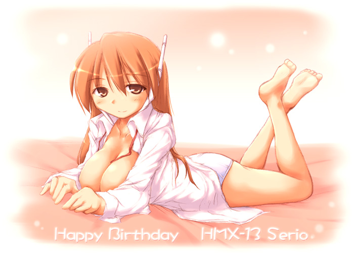kurikara, serio (to heart), to heart, to heart (series), barefoot, birthday, blush, breasts, dress shirt, feet, huge breasts, orange hair, panties, shirt, solo, underwear
