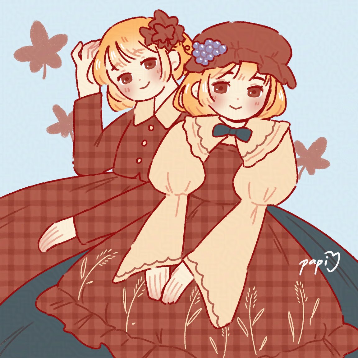 papi apricot, aki minoriko, aki shizuha, touhou, 2girls, aqua background, autumn leaves, black bow, black bowtie, blonde hair, bow, bowtie, collar, leaf, long sleeves, looking at viewer, maple leaf, medium hair, multiple girls