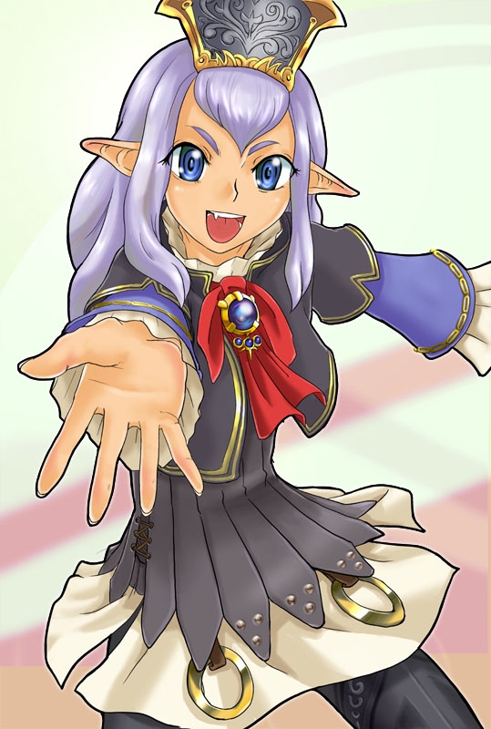 elvaan, prishe, final fantasy, final fantasy xi, 00s, 1girl, blue eyes, brooch, elf, fang, female focus, jewelry, long hair, pointy ears, purple hair, ribbon, solo