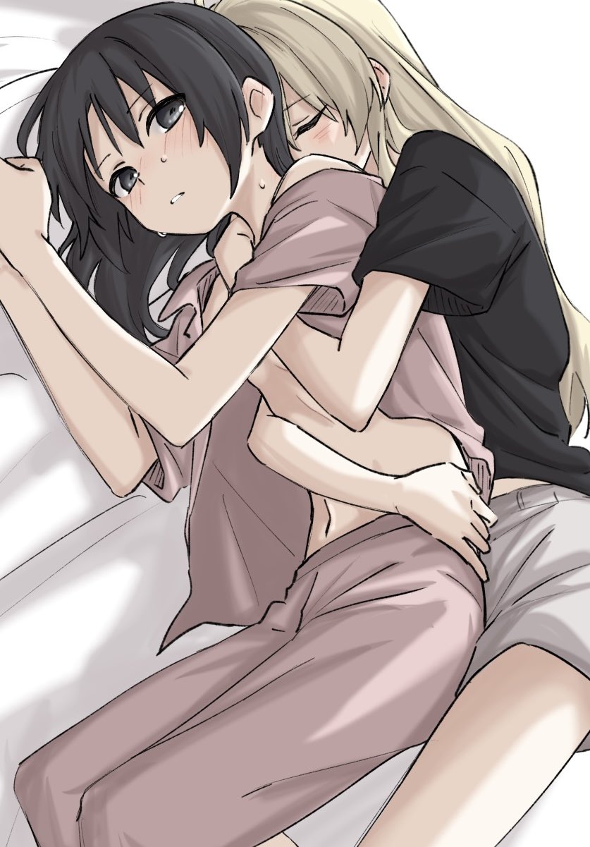 syonosuke9573, chito (shoujo shuumatsu ryokou), yuuri (shoujo shuumatsu ryokou), shoujo shuumatsu ryokou, highres, 2girls, black eyes, black hair, black shirt, blonde hair, blush, closed eyes, cuddling, grey shorts, hug, hug from behind, long hair, multiple girls, open clothes, open shirt, pajamas, pants, parted lips, pink hair, pink pants, shirt, short sleeves, shorts, sleeping, sweat, yuri