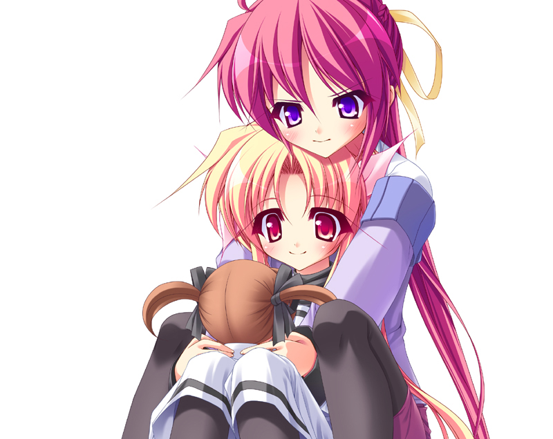 fate testarossa, signum, takamachi nanoha, lyrical nanoha, mahou shoujo lyrical nanoha, mahou shoujo lyrical nanoha a's, 00s, 2girls, blonde hair, character doll, doll, multiple girls, pantyhose, pink hair, ponytail, purple eyes, red eyes, red hair, school uniform, twintails