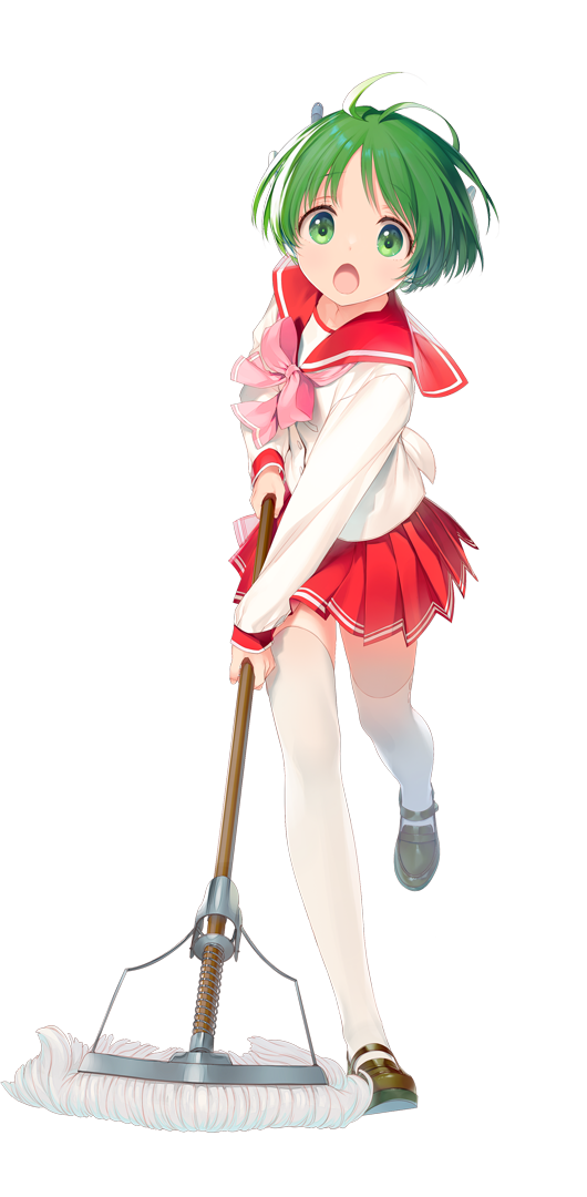multi (to heart), aquaplus, to heart, to heart (series), artist request, official art, second-party source, 1girl, :o, android, antenna hair, blouse, bow, bowtie, brown shoes, buttons, collared shirt, dot nose, dress shoes, facing viewer, fingernails, full body, green eyes, green hair, holding, holding mop, legs apart, light blush, loafers, long sleeves, looking at viewer, miniskirt, mop, open mouth, penny loafers, pink bow, pink bowtie, pleated skirt, red sailor collar, red skirt, red sleeve cuffs, robot ears, running towards viewer, sailor collar, school uniform, serafuku, shirt, shoes, short hair, side slit, sidelighting, skirt, sleeve cuffs, socks, solo, tachi-e, tareme, thighhighs, tongue, transparent background, white shirt, white sleeves, white socks, white thighhighs