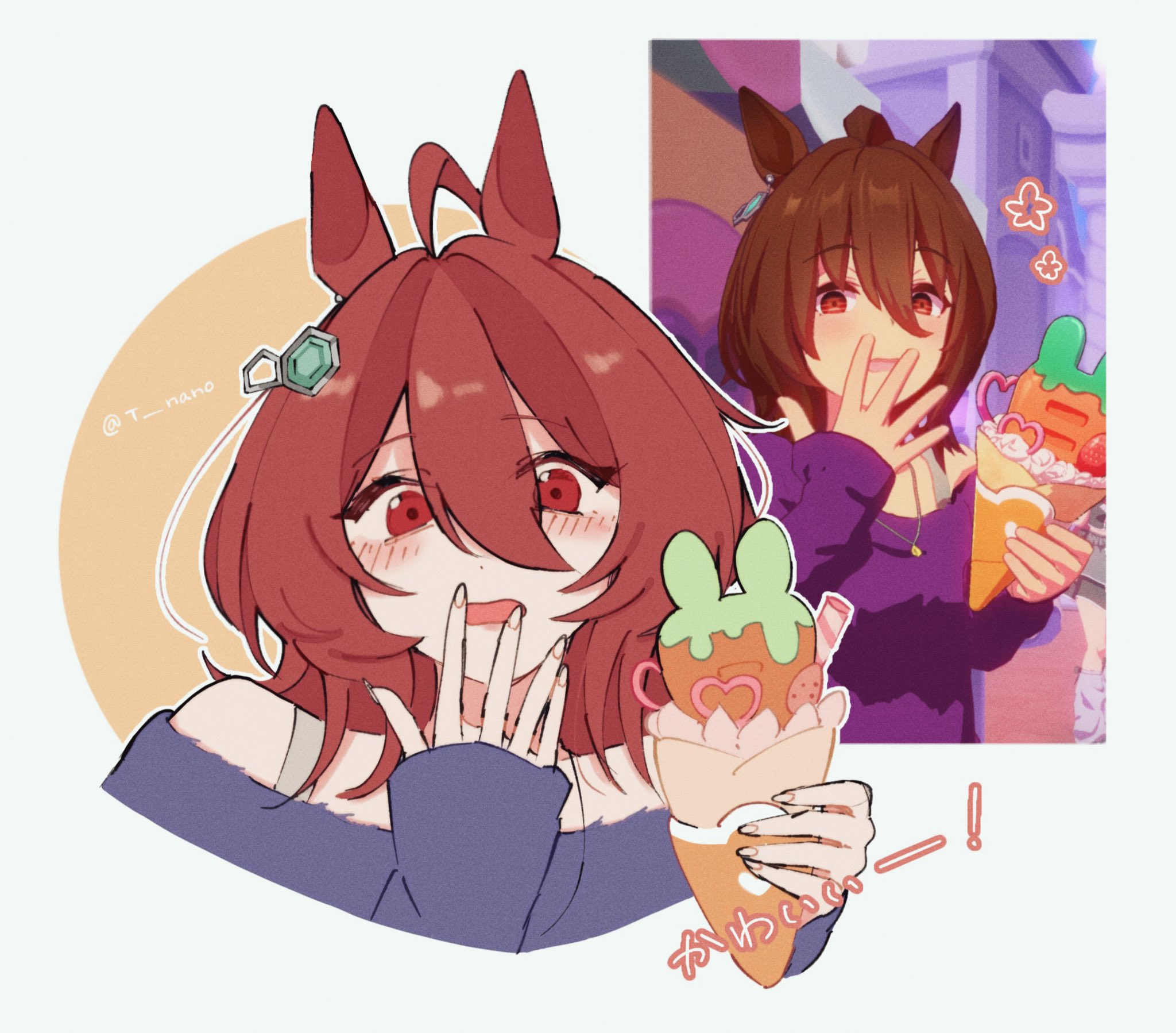 teru (t nano), agnes tachyon (umamusume), umamusume, commentary, highres, translated, 1girl, agnes tachyon (casual) (umamusume), ahoge, animal ears, blue shirt, blush, brown hair, covering own mouth, crepe, cropped shoulders, double-parted bangs, eyes visible through hair, fingernails, food, hair between eyes, hair ornament, hand over own mouth, hands up, holding, holding crepe, holding food, horse ears, horse girl, long bangs, long fingernails, long sleeves, looking at viewer, medium hair, off-shoulder shirt, off shoulder, official alternate costume, open mouth, reference inset, screenshot inset, shirt, sleeves past wrists, solo, twitter username, wafer stick