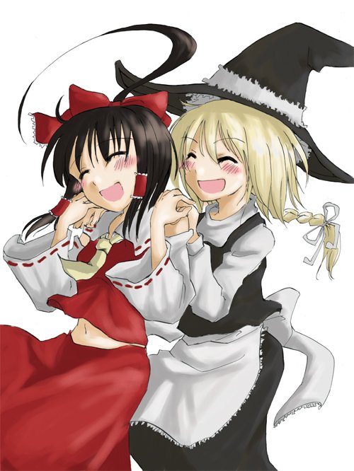 ako, ako (so crazy!?), hakurei reimu, kirisame marisa, touhou, 2girls, blonde hair, blush, braid, closed eyes, female focus, hat, holding hands, midriff, multiple girls, smile, witch, witch hat