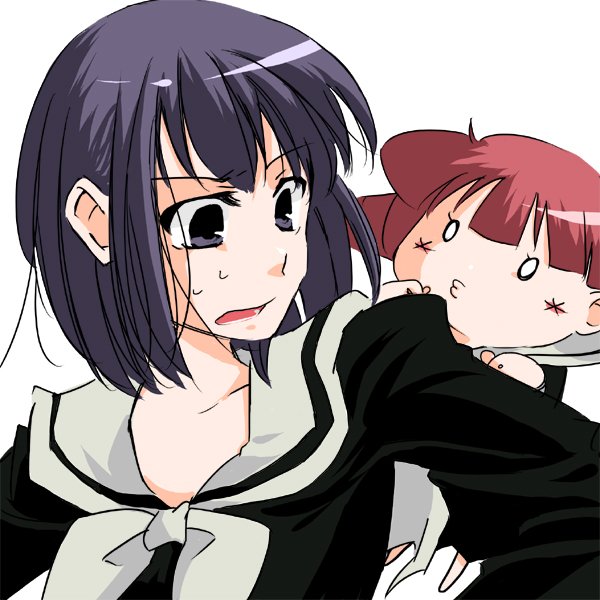 ako, ako (so crazy!?), matsudaira touko, nijou noriko, maria-sama ga miteru, 00s, 2girls, :t, black hair, black serafuku, blue eyes, blunt bangs, blush, empty eyes, long sleeves, multiple girls, neckerchief, o o, pout, red hair, sailor collar, scared, school uniform, serafuku, surprised, sweatdrop, white background, white neckerchief