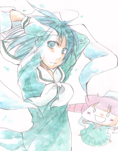 ako, ako (so crazy!?), matsudaira touko, nijou noriko, maria-sama ga miteru, 00s, 0 0, 2girls, blush, drill hair, green eyes, green hair, green shirt, long hair, long sleeves, looking at viewer, multiple girls, neckerchief, red hair, sailor collar, see-through clothes, shirt, simple background, transparent, twin drills, upper body, white background