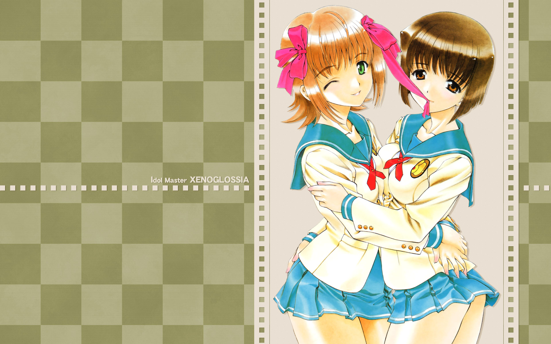 amami haruka, hagiwara yukiho, idolmaster, idolmaster xenoglossia, highres, 00s, 2girls, breast press, breasts, brown eyes, brown hair, green eyes, hair ribbon, hug, medium breasts, mouth hold, multiple girls, one eye closed, ribbon, school uniform, serafuku, symmetrical docking, wink, yuri