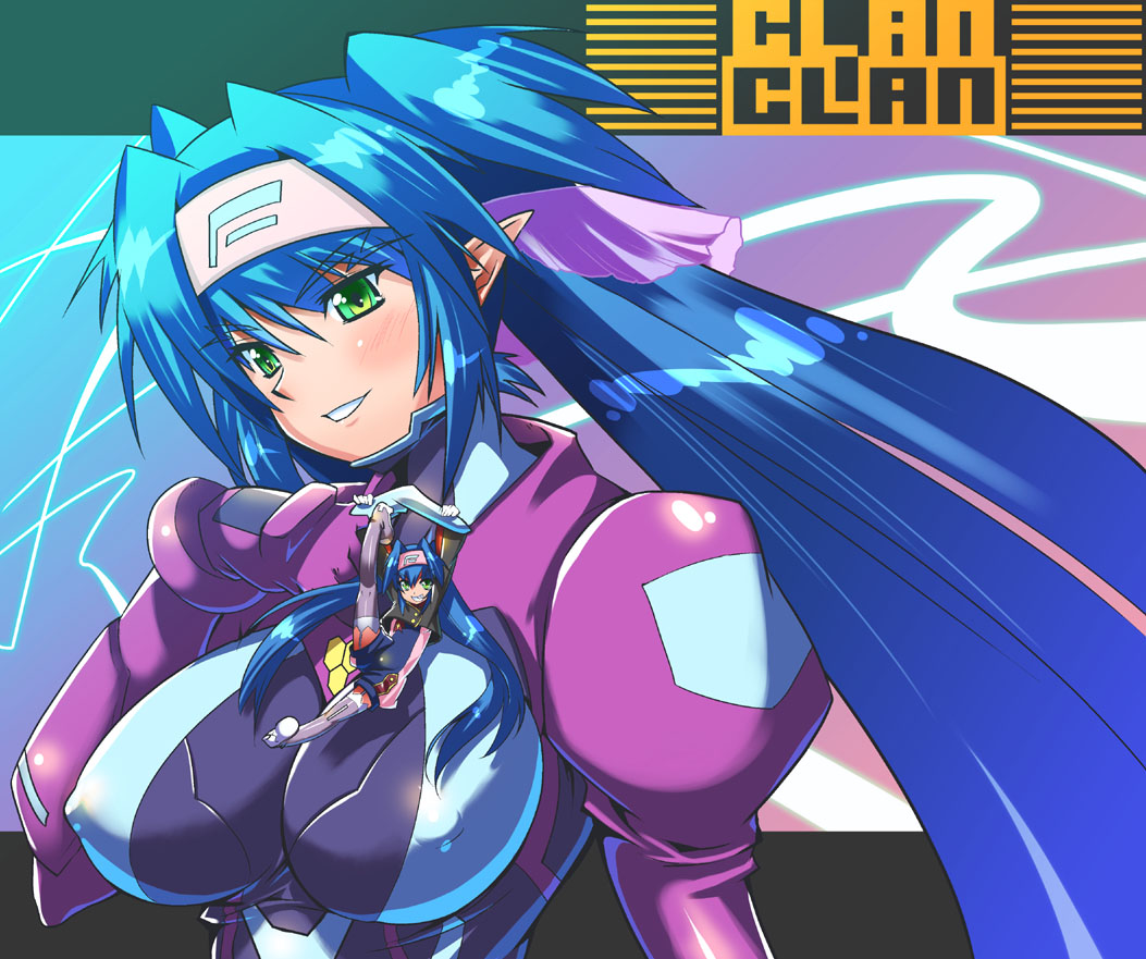 shinozuka atsuto, klan klein, meltrandi, zentradi, macross, macross frontier, 00s, 1girl, blue hair, blush, bodysuit, breasts, covered erect nipples, dual persona, giant, giantess, green eyes, headband, large breasts, long hair, mini person, minigirl, pointy ears, ponytail, smile, twintails, very long hair
