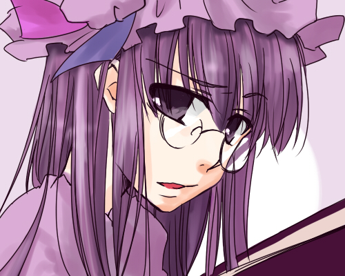ako, ako (so crazy!?), patchouli knowledge, touhou, lowres, 1girl, bespectacled, book, female focus, glasses, hat, mob cap, open book, purple hair, reading, solo