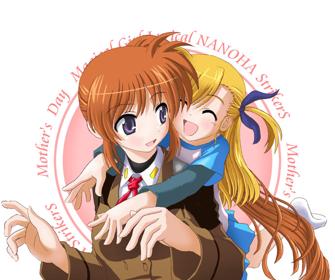 yone, takamachi nanoha, vivio, lyrical nanoha, mahou shoujo lyrical nanoha, mahou shoujo lyrical nanoha strikers, 00s, 2girls, blonde hair, brown hair, closed eyes, copyright name, military, military uniform, mother's day, multiple girls, ponytail, purple eyes, red hair, side ponytail