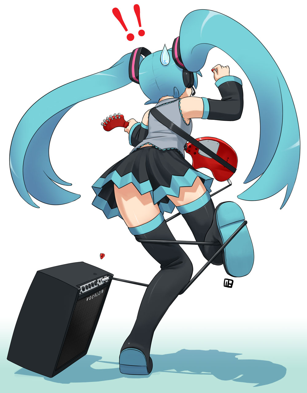 nagian, hatsune miku, vocaloid, highres, 1girl, amplifier, back, blue hair, boots, cable, detached sleeves, falling, female focus, full body, guitar, instrument, long hair, skirt, solo, sweatdrop, thigh boots, thighhighs, tripping, twintails