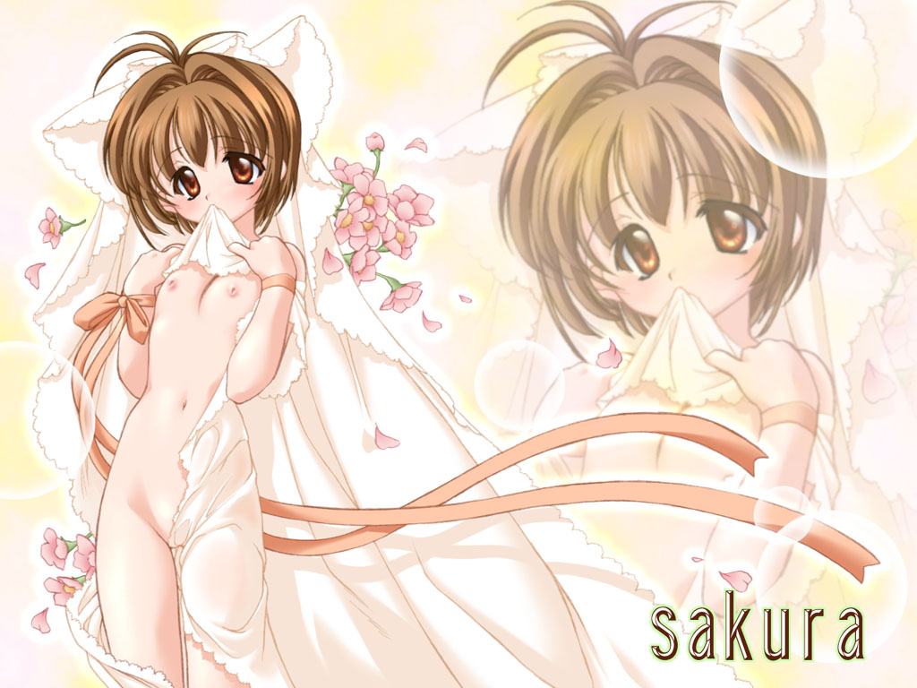 kinomoto sakura, cardcaptor sakura, artist request, 1990s (style), 1girl, bed sheet, blush, bow, brown eyes, brown hair, character name, convenient censoring, cowboy shot, female focus, flat chest, flower, inverted nipples, loli, looking at viewer, mouth hold, nipples, nude, petals, retro artstyle, ribbon, short hair, small areolae, solo, standing, zoom layer