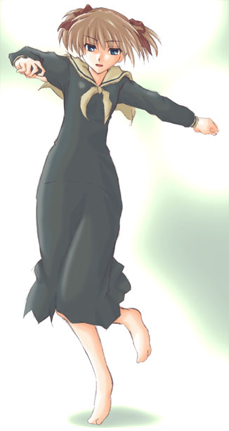 sukoburu, sukoburu80, fukuzawa yumi, maria-sama ga miteru, 00s, 1girl, barefoot, female focus, school uniform, serafuku, solo