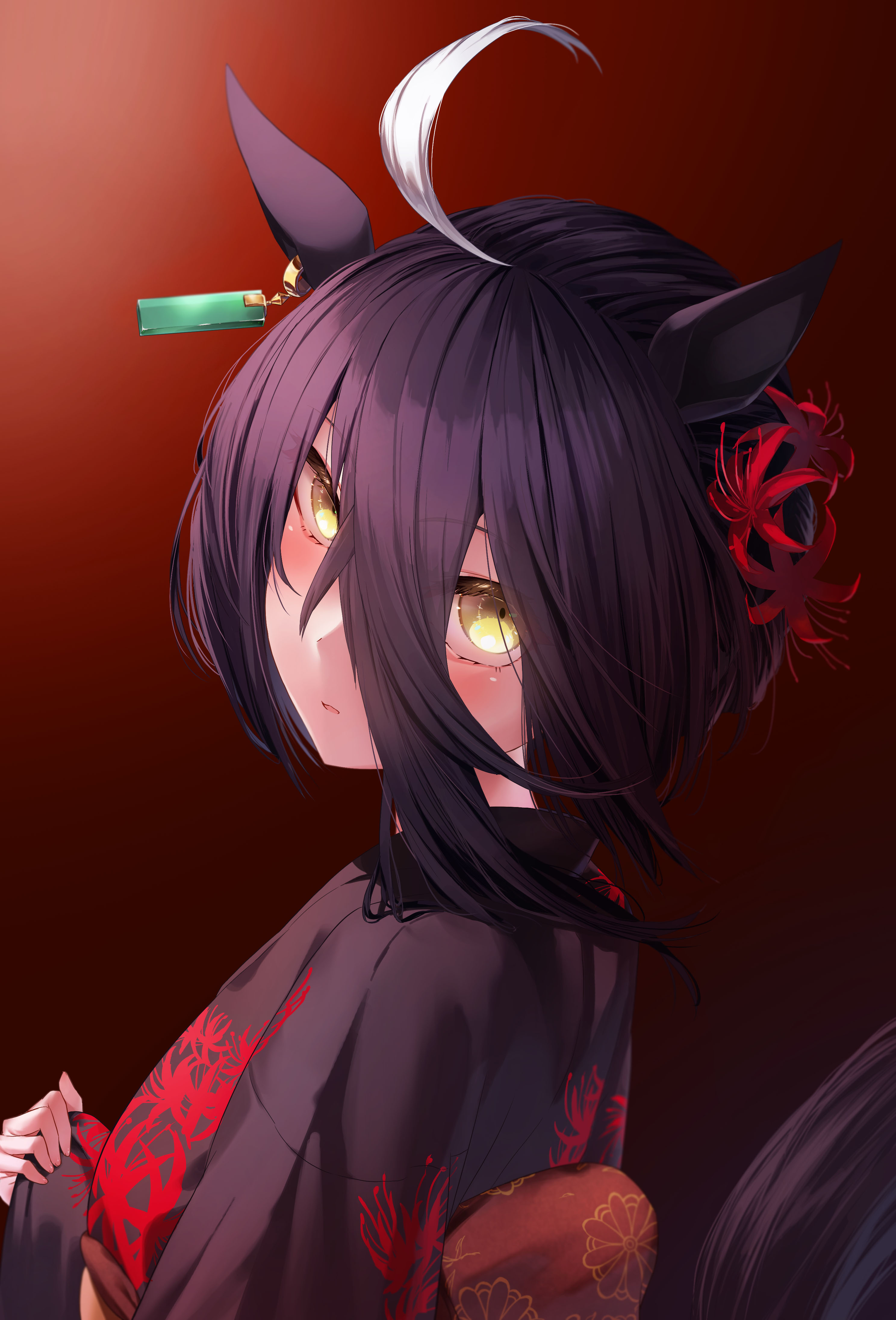 reo-illust4696, manhattan cafe (umamusume), umamusume, absurdres, highres, 1girl, ahoge, animal ears, black hair, black kimono, ear tag, floral print, floral print kimono, flower, gradient background, hair between eyes, hair flower, hair ornament, horse ears, horse girl, horse tail, japanese clothes, kimono, long hair between eyes, looking at viewer, parted lips, print kimono, red background, solo, spider lily, spider lily print, tail, yellow eyes