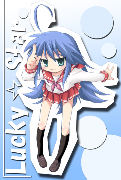 sukoburu, sukoburu80, izumi konata, lucky star, 00s, 1girl, :3, ahoge, blue hair, female focus, mole, mole under eye, school uniform, serafuku, solo