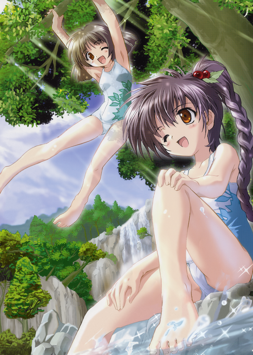komatsu eiji, swinging, 2girls, ;d, armpits, bare shoulders, barefoot, braid, day, feet, hair bobbles, hair ornament, hanging, multiple girls, nature, old school swimsuit, one-piece swimsuit, one eye closed, open mouth, orange eyes, purple hair, school swimsuit, sky, smile, swimsuit, tree, water, waterfall, white one-piece swimsuit, white school swimsuit, wink