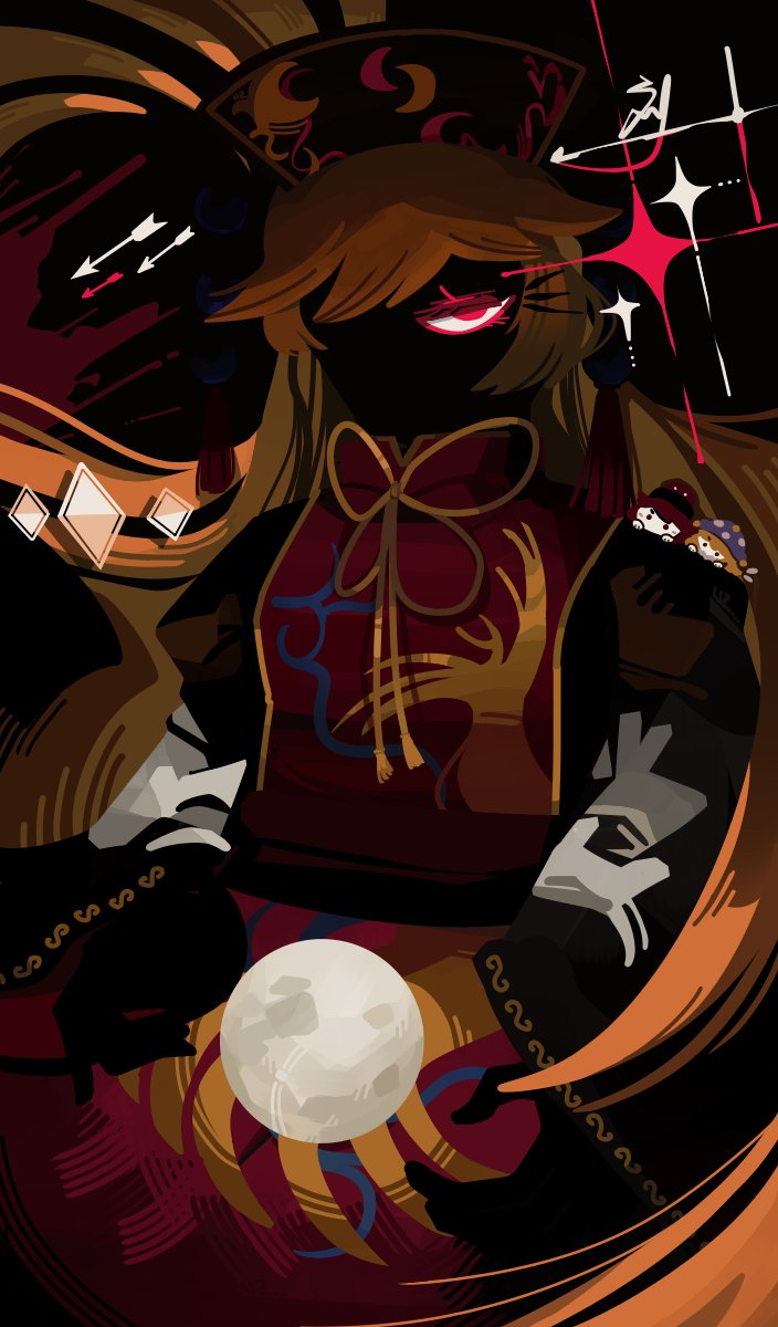 thatpebble, junko (touhou), touhou, highres, 1girl, blonde hair, chinese clothes, dalachi (headdress), long hair, one eye closed, shaded face, solo, tabard, very long hair