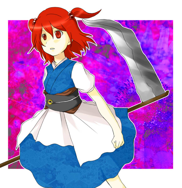 ppsp0305, onozuka komachi, touhou, bad id, bad pixiv id, 1girl, female focus, red eyes, red hair, scythe, short hair, solo, standing