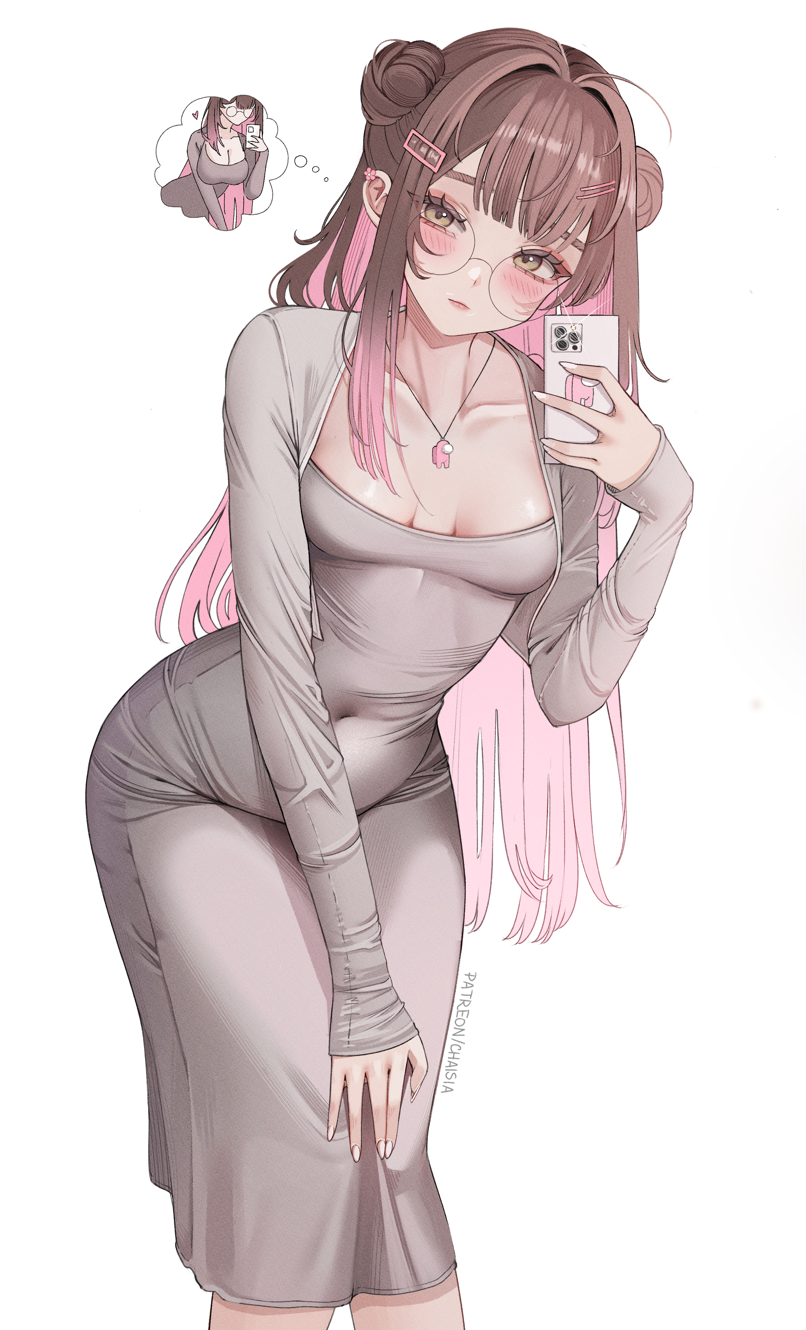 chaisia art, red (among us), among us, original, absurdres, commentary, english commentary, highres, paid reward available, 1girl, blush, breasts, breasts apart, brown hair, cellphone, closed mouth, collarbone, colored inner hair, covered navel, dongtan dress, double bun, dress, fingernails, glasses, grey dress, hair bun, holding, holding phone, jewelry, leaning forward, long hair, long sleeves, looking at viewer, medium breasts, michi (chaisia art), multicolored hair, necklace, patreon username, pencil dress, phone, pink hair, speech bubble, thought bubble, very long hair