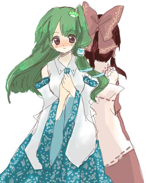 kazachiha, hakurei reimu, kochiya sanae, touhou, bad id, bad pixiv id, 2girls, back-to-back, black hair, blush, detached sleeves, female focus, frog, green hair, japanese clothes, long hair, miko, multiple girls, ribbon, simple background, snake, white background