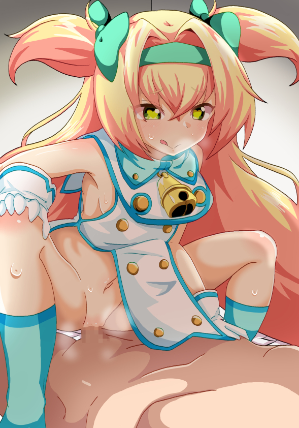 namari siro, platinum the trinity, blazblue, 1boy, 1girl, :q, aqua bow, aqua hairband, aqua socks, bare arms, bare shoulders, bell, blonde hair, blue trim, blush, bow, breasts, buttons, clothed sex, cowgirl position, crossed bangs, gloves, gradient background, green eyes, hair between eyes, hair bow, hair intakes, hairband, hand on another's chest, hand on own knee, heart, heart-shaped pupils, hetero, knee blush, long hair, looking at another, navel, neck bell, pussy, quad tails, radial gradient background, raised inner eyebrows, sex, shirt, shoulder blush, sideboob, sleeveless, small breasts, socks, solo focus, squatting cowgirl position, straddling, sweat, symbol-shaped pupils, tongue, tongue out, two side up, vaginal, very long hair, white background, white gloves, white shirt