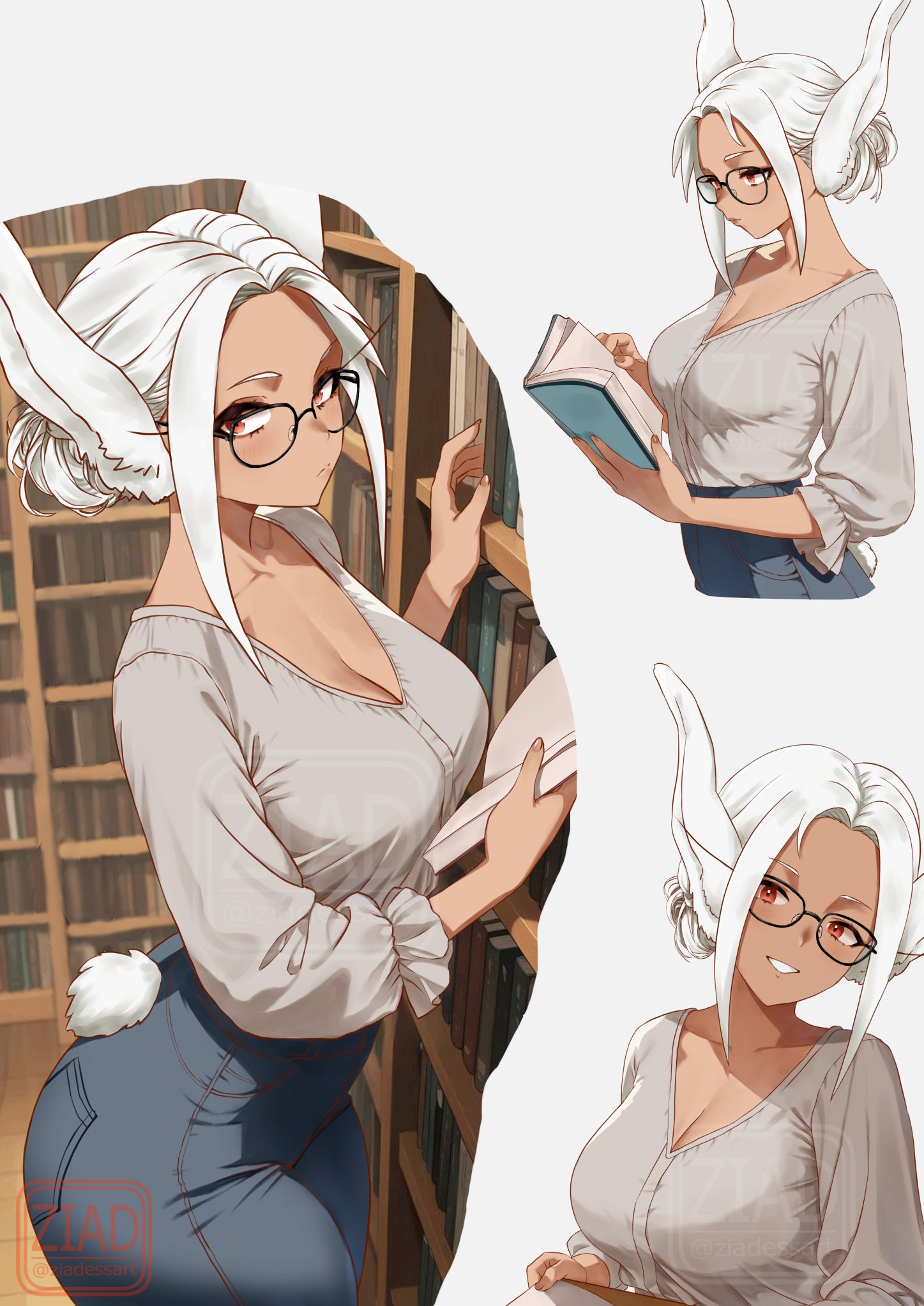 ziadessart, mirko, boku no hero academia, commentary, english commentary, highres, 1girl, alternate costume, alternate hairstyle, animal ears, artist name, black-framed eyewear, blush, book, bookshelf, breasts, cleavage, clothing cutout, collarbone, cropped torso, dark-skinned female, dark skin, fingernails, glasses, grey shirt, hair bun, hair up, hand up, high-waist pants, holding, holding book, large breasts, library, long eyelashes, long hair, looking at object, looking at viewer, multiple views, pants, parted bangs, parted lips, rabbit ears, rabbit girl, rabbit tail, red eyes, shirt, shirt tucked in, smile, tail, tail through clothes, thick thighs, thighs, twitter username, white hair