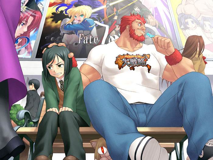 zen, aozaki aoko, arcueid brunestud, artoria pendragon (fate), berserker (fate/zero), diarmuid ua duibhne (fate), diarmuid ua duibhne (lancer) (fate), dorry (utawarerumono), emiya kiritsugu, gilles de rais (caster) (fate), gilles de rais (fate), guraa, hisau maiya, iskandar (fate), neco-arc, neko arc, saber (fate), waver velvet, fate/stay night, fate/zero, fate (series), mahou tsukai no yoru, melty blood, to heart (series), to heart 2, tsukihime, utawarerumono, 00s, 2boys, 2girls, clothes writing, crossover, iskander, multiple boys, multiple girls, pantyhose
