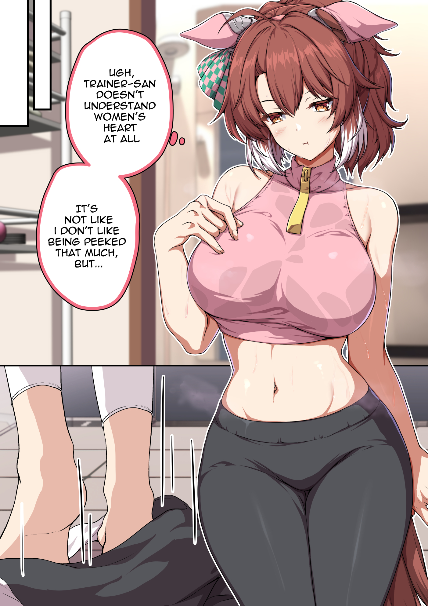 sheita, dantsu flame (umamusume), umamusume, commentary, english commentary, highres, 1girl, animal ears, bare arms, bare shoulders, barefoot, black pants, blush, breasts, brown eyes, brown hair, closed mouth, cropped shirt, ear covers, english text, hand on own chest, horse ears, horse girl, large breasts, long hair, navel, pants, pink shirt, ponytail, pout, shirt, sleeveless, sleeveless shirt, solo, stomach, wet, wet clothes, wet shirt, yoga pants