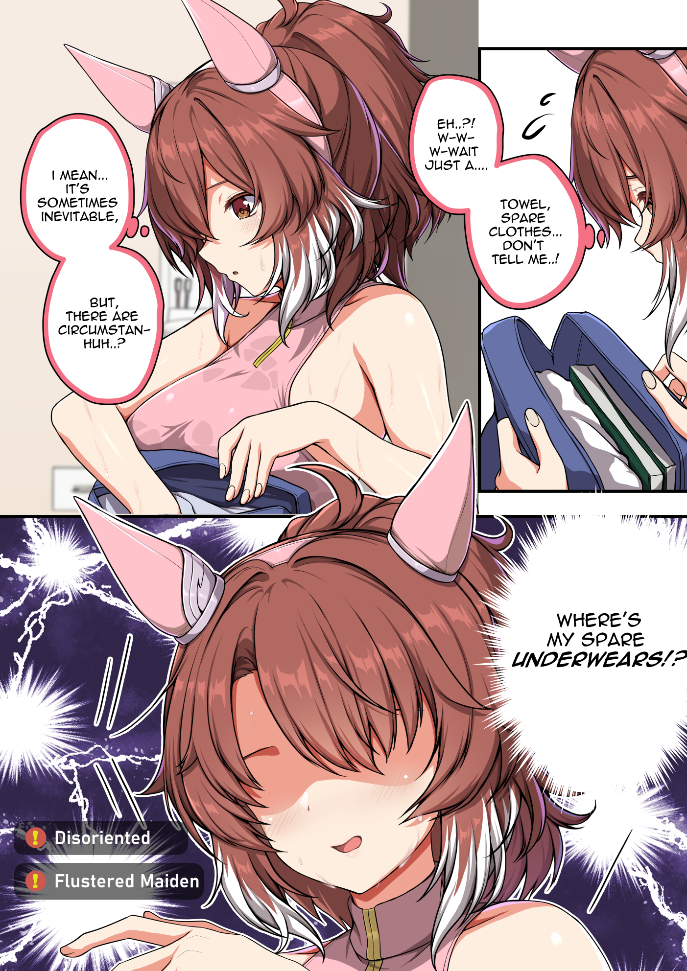 sheita, dantsu flame (umamusume), umamusume, commentary, english commentary, highres, 1girl, animal ears, bare arms, bare shoulders, blush, breasts, brown eyes, brown hair, closed mouth, ear covers, english text, gameplay mechanics, horse ears, horse girl, large breasts, long hair, no eyes, open mouth, pink shirt, ponytail, shaded face, shirt, sleeveless, sleeveless shirt, smile, solo, sweat, wet, wet clothes, wet shirt