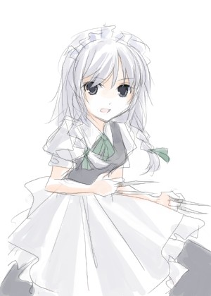 izayoi sakuya, touhou, bad id, bad pixiv id, lowres, 1girl, bad anatomy, between fingers, braid, female focus, grey eyes, holding, knife, maid, poorly drawn, short hair, solo, throwing knife, twin braids, weapon, white hair