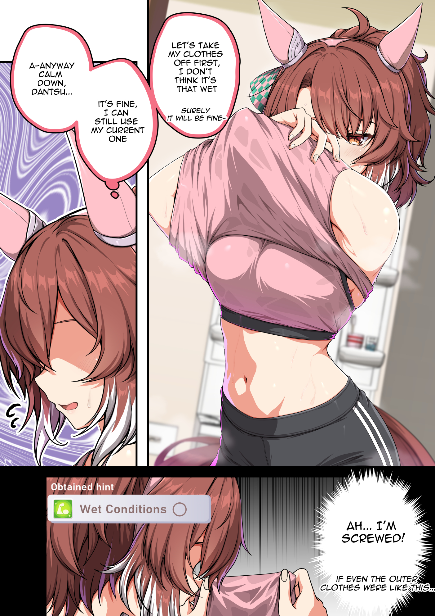 sheita, dantsu flame (umamusume), umamusume, commentary, english commentary, highres, 1girl, animal ears, black pants, blush, breasts, brown eyes, brown hair, ear covers, english text, gameplay mechanics, horse ears, horse girl, large breasts, long hair, no eyes, pants, pink shirt, pink sports bra, ponytail, shaded face, shirt, sleeveless, sleeveless shirt, solo, sports bra, sweat, undressing, wet, wet clothes, wet shirt, yoga pants