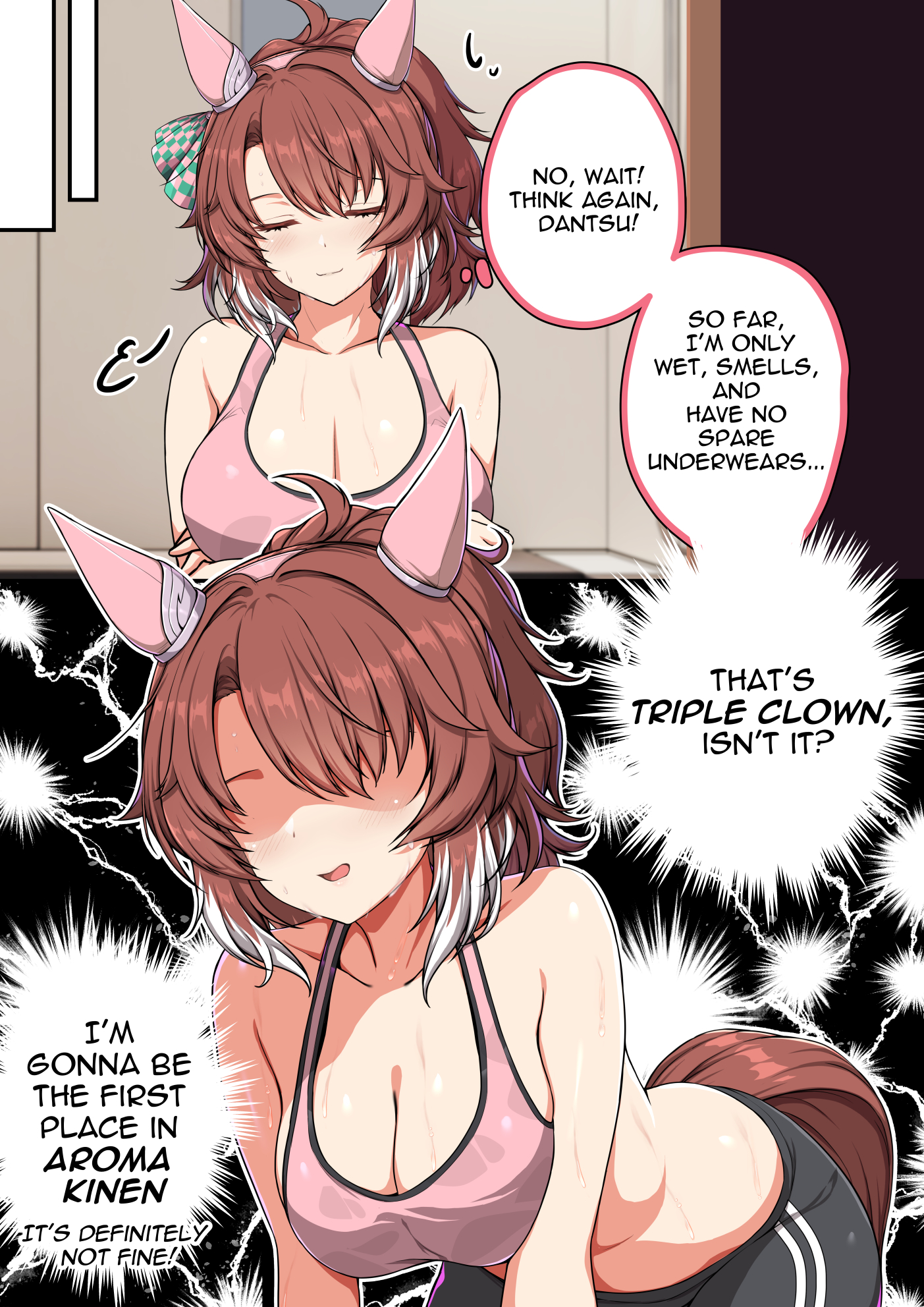 sheita, dantsu flame (umamusume), umamusume, commentary, english commentary, highres, 1girl, animal ears, bare arms, bare shoulders, black pants, blush, breasts, brown hair, cleavage, closed eyes, ear covers, english text, gameplay mechanics, horse ears, horse girl, large breasts, long hair, no eyes, pants, pink sports bra, ponytail, shaded face, solo, sports bra, sweat, yoga pants