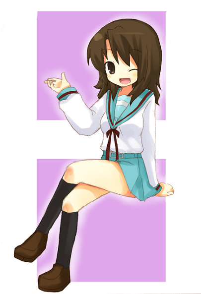 yuzuki (yuduame), koizumi itsuki, koizumi itsuki (female), suzumiya haruhi no yuuutsu, bad id, bad pixiv id, 00s, 1girl, black socks, brown eyes, brown hair, brown shoes, crossed legs, female focus, genderswap, genderswap (mtf), kneehighs, one eye closed, school uniform, serafuku, shoes, sitting, socks, solo, wink