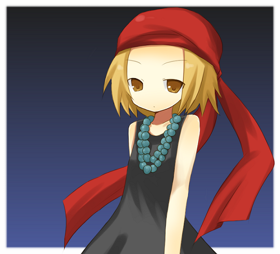 yuzuki (yuduame), kyouyama anna, shaman king, bad id, bad pixiv id, 1girl, bandana, beads, blonde hair, dress, female focus, jewelry, necklace, short hair, solo, yellow eyes