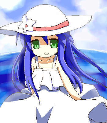 yuzuki (yuduame), izumi kanata, lucky star, bad id, bad pixiv id, lowres, 00s, 1girl, blue hair, female focus, green eyes, hat, no nose, solo