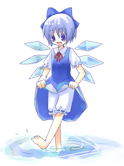 yuzuki (yuduame), cirno, embodiment of scarlet devil, touhou, bad id, bad pixiv id, 1girl, barefoot, bloomers, bow, clothes lift, dress, dress lift, female focus, skirt, skirt hold, skirt lift, solo, underwear, wading, white bloomers