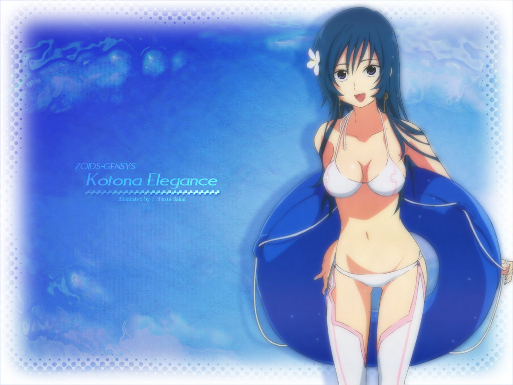 sakai kyuuta, kotona elegance, zoids, zoids genesis, official art, official wallpaper, 00s, 1girl, :d, arms behind back, artist name, artistic error, bikini, blue background, blue eyes, blue hair, border, breasts, breasts apart, character name, cleavage, copyright name, covered erect nipples, cowboy shot, earrings, female focus, flower, garter straps, groin, hair flower, hair ornament, hair over shoulder, halftone, holding, innertube, jewelry, long hair, looking at viewer, lowleg, lowleg bikini, matching hair/eyes, medium breasts, navel, open mouth, print bikini, rope, sakai hisata, shadow, sideboob, smile, solo, standing, string bikini, swim ring, swimsuit, thighhighs, weapon, wet, wet hair, white bikini, white border, white thighhighs