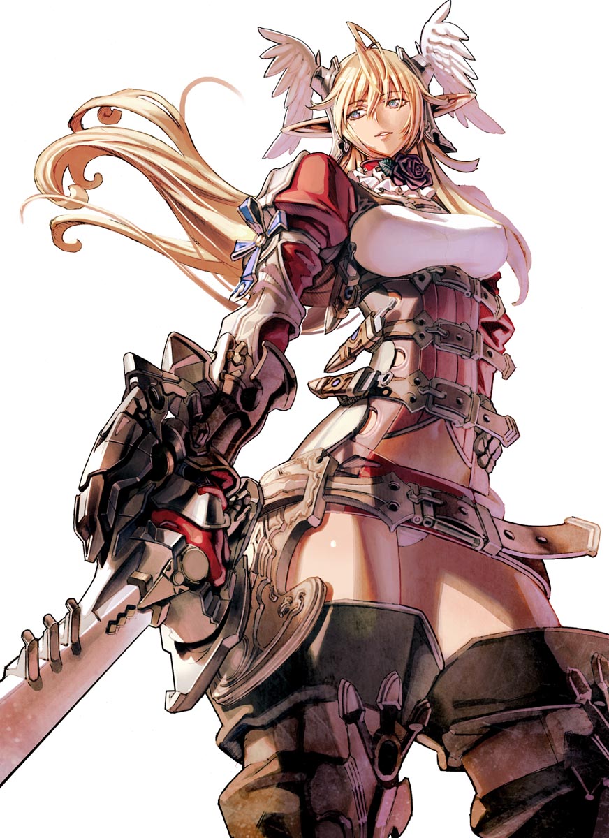 sanbasou, original, highres, 1girl, armor, blonde hair, blue eyes, breasts, elf, female focus, gloves, head wings, large breasts, long hair, panties, pantyshot, pointy ears, solo, sword, underwear, weapon, wings