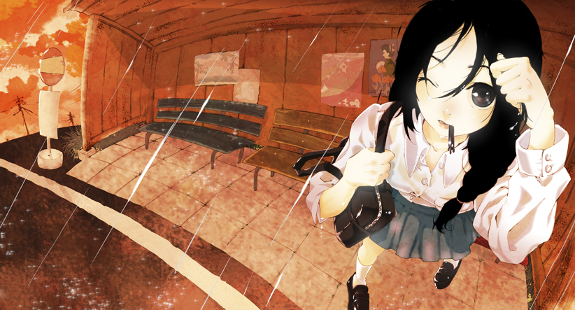 nadashima gy, original, bad id, bad pixiv id, 1girl, bench, black eyes, black hair, braid, bus stop, female focus, perspective, rain, school uniform, serafuku, solo, wet