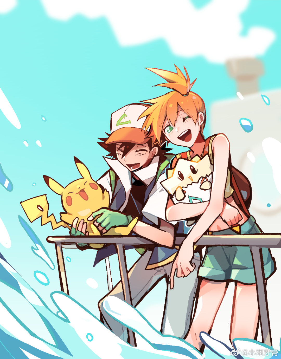 ash ketchum, misty (pokemon), pikachu, togepi, nintendo, pokemon, pokemon (anime), pokemon (classic anime), pokemon rgby, 1boy, 1girl, :d, ;d, backpack, bag, baseball cap, black hair, brown bag, closed eyes, cloud, crop top, day, eyelashes, fence, fingerless gloves, gen 1 pokemon, gen 2 pokemon, gloves, green eyes, green gloves, green shorts, happy, hat, holding, holding pokemon, jacket, midriff, navel, one eye closed, open mouth, orange hair, outdoors, pants, pointing, pokemon (creature), ponytail, shirt, short hair, short sleeves, shorts, side ponytail, sky, sleeveless, sleeveless jacket, smile, standing, suspenders, teeth, tongue, upper teeth only, water, yellow shirt