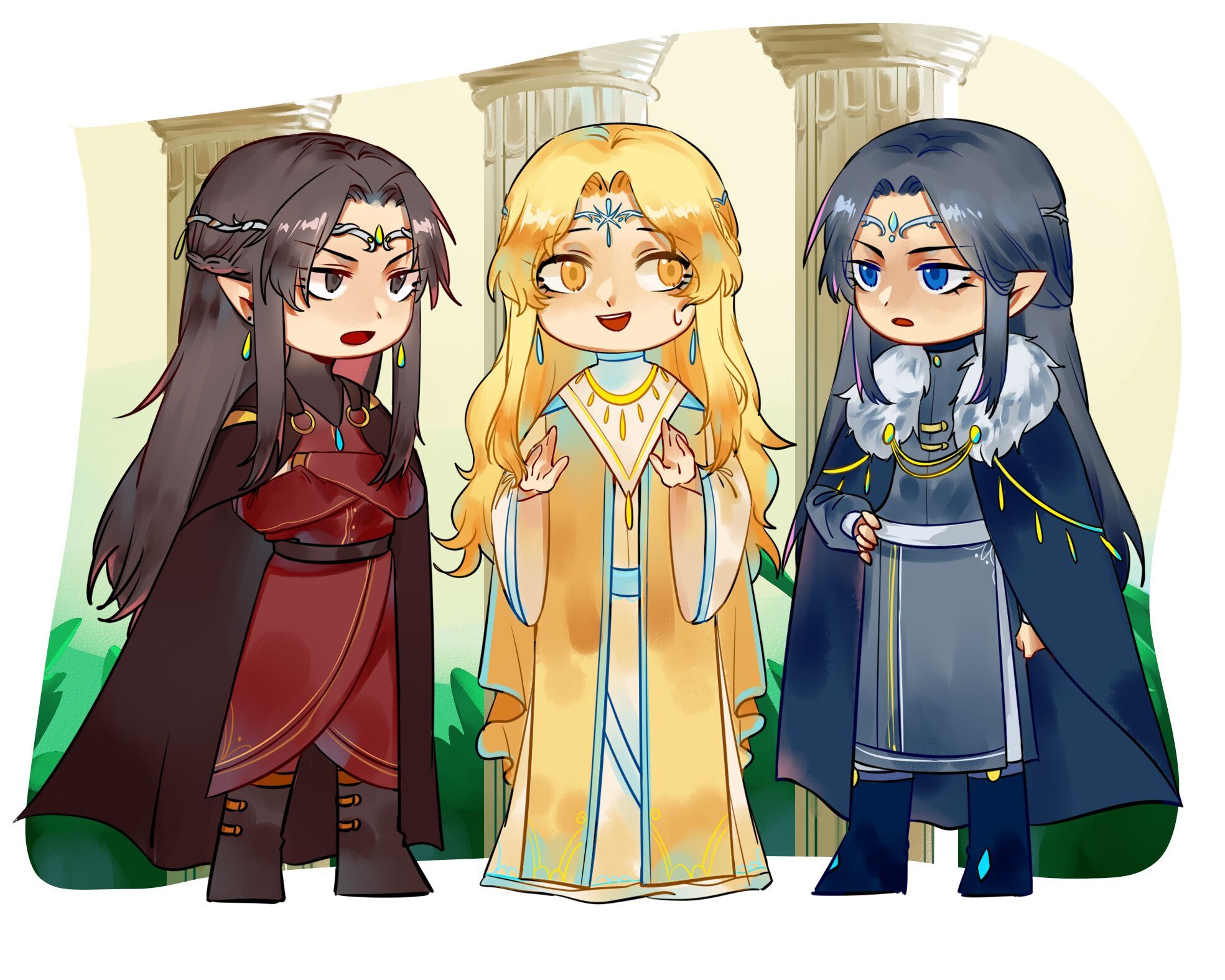 rouqiuxiaogaihh, feanor, finarfin, fingolfin, the silmarillion, tolkien's legendarium, 3boys, black hair, blonde hair, blue eyes, braid, brothers, cape, chibi, circlet, column, crossed arms, crown braid, earrings, elf, eyelashes, full body, fur trim, grey eyes, hand on own hip, jewelry, long hair, long sleeves, looking at another, male focus, multiple boys, open mouth, parted bangs, pillar, pointy ears, prince, siblings, sidelocks, sweat, sweatdrop, teeth, upper teeth only, yellow eyes